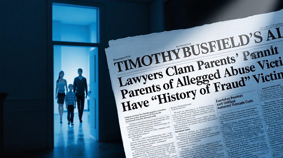 Newspaper headline about Timothy Busfield sex abuse case with blurred family silhouettes and cold blue courtroom lighting