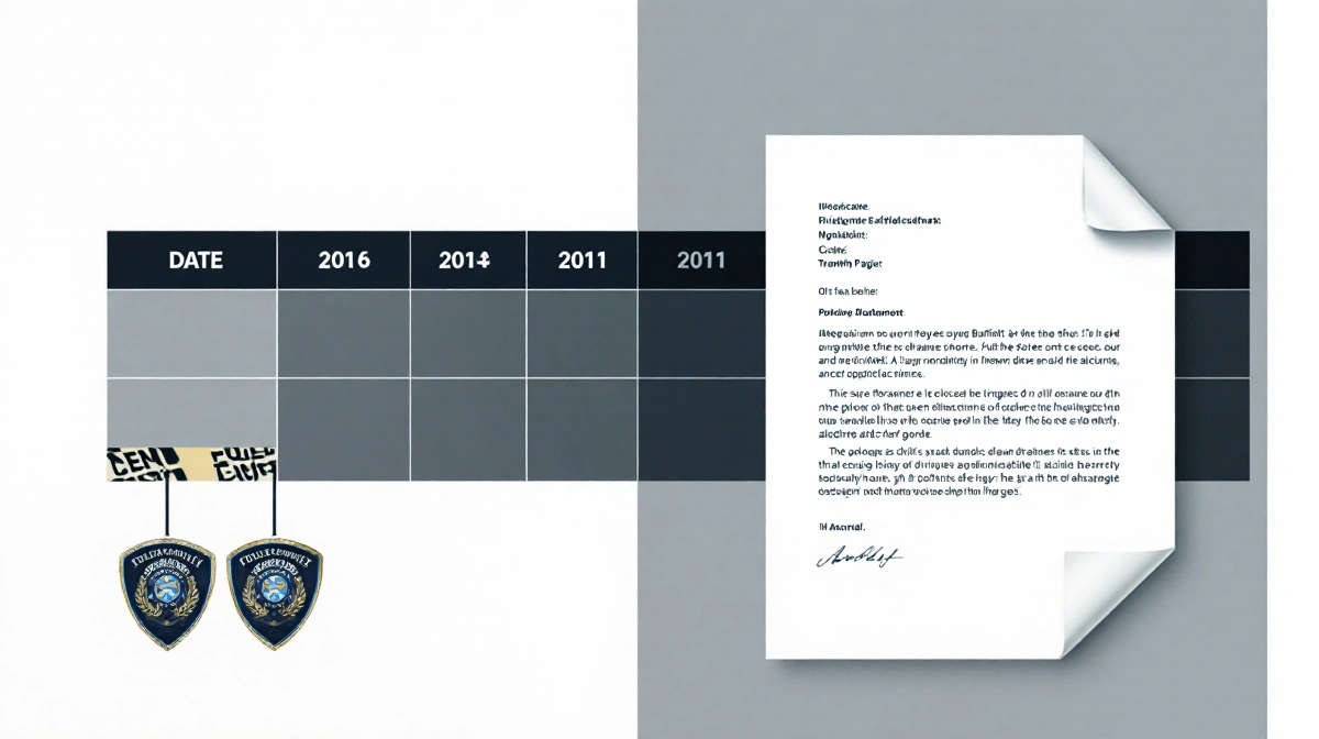 Timeline table showing Timothy Busfield abuse allegations with police badge and crime scene tape
