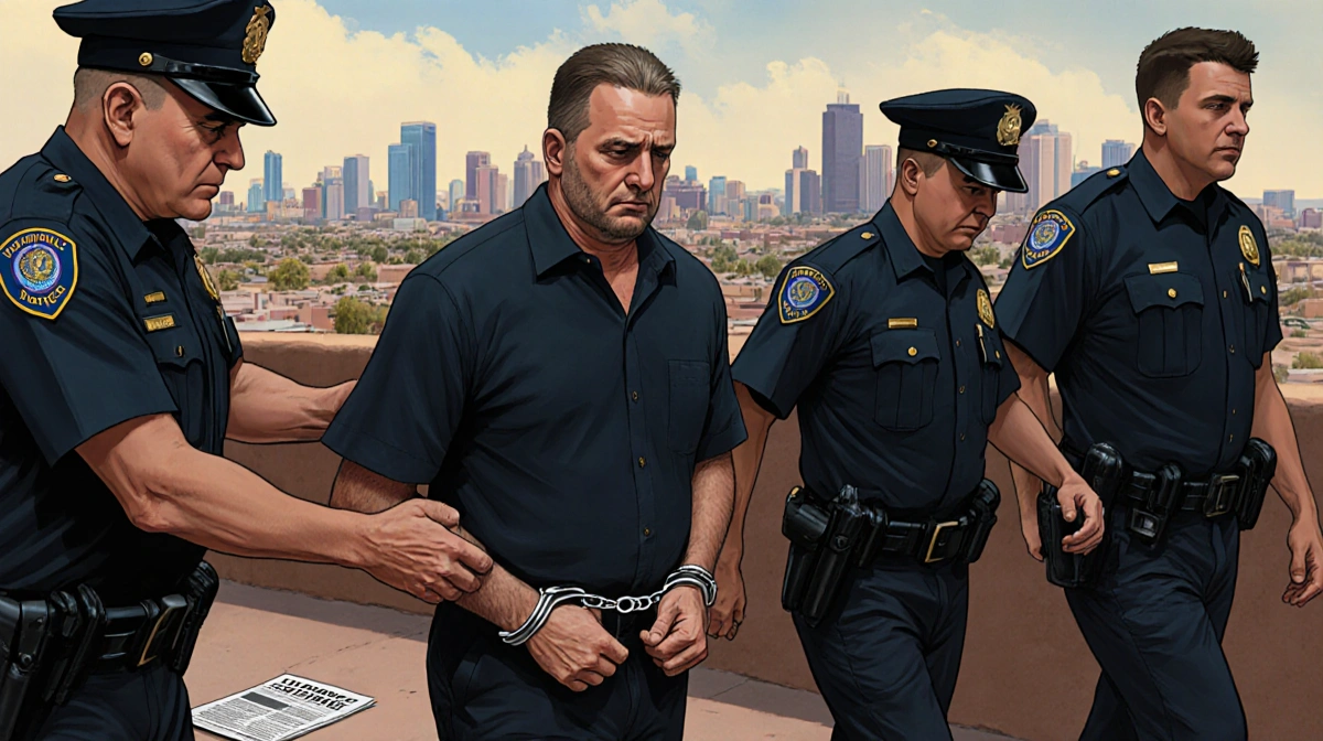 Timothy Busfield in handcuffs walking with police officers past Albuquerque skyline and legal papers on ground