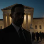 Timothy Busfield stands before courthouse with shadow across face and blurred crowd behind