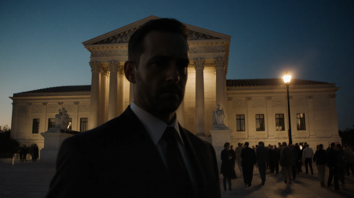 Timothy Busfield stands before courthouse with shadow across face and blurred crowd behind