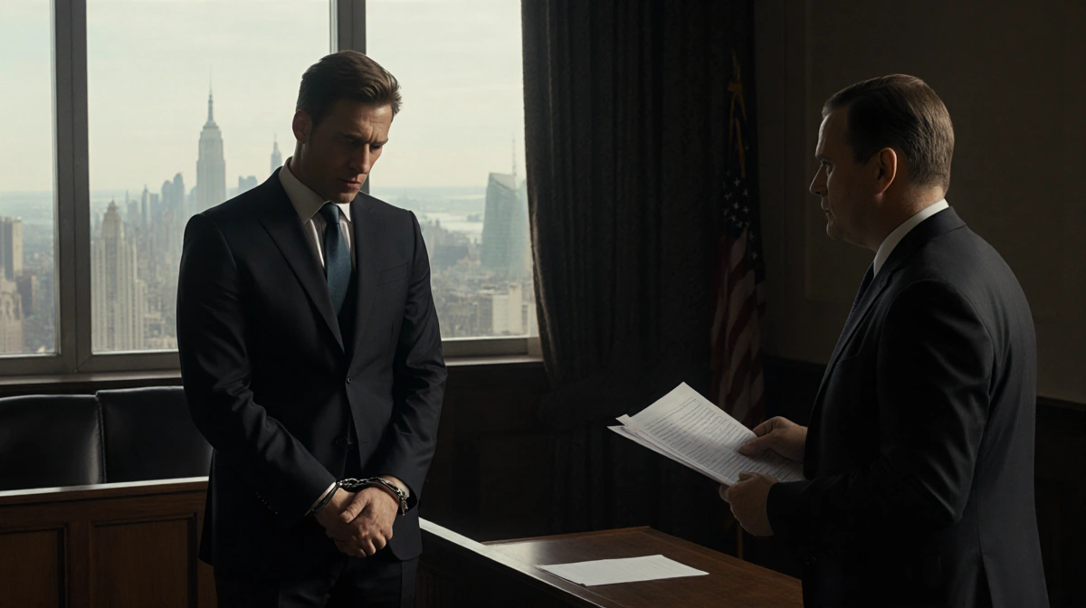 Timothy Busfield stands handcuffed before judge