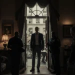 Timothy Busfield faces U.S. Marshals at his New York townhouse entrance with open windows revealing chaos outside