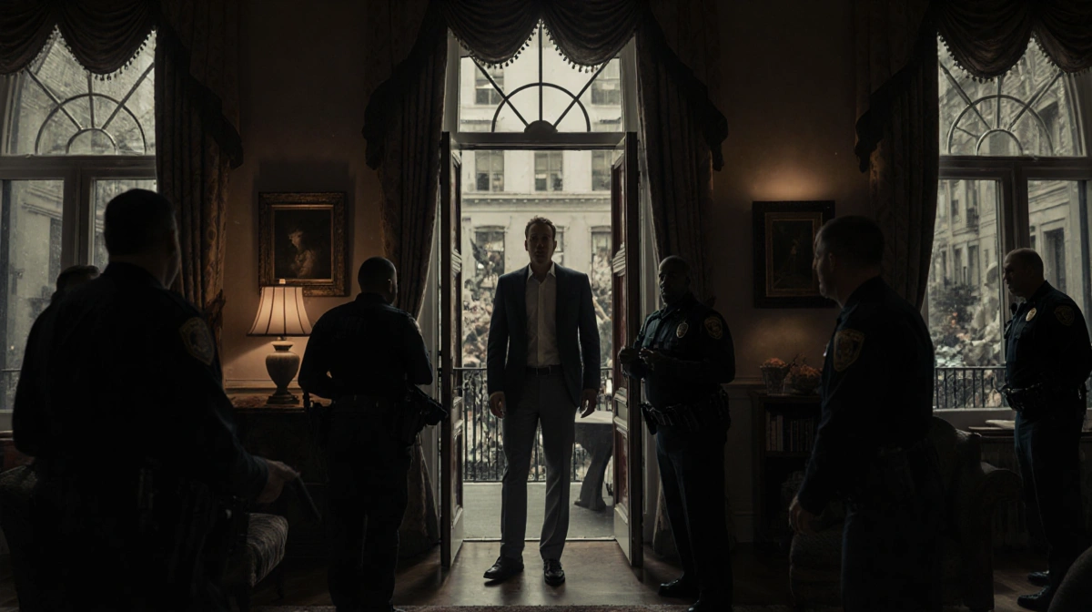 Timothy Busfield faces U.S. Marshals at his New York townhouse entrance with open windows revealing chaos outside