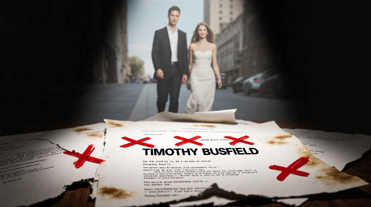 Coffee-stained script marked with red X over Timothy Busfield