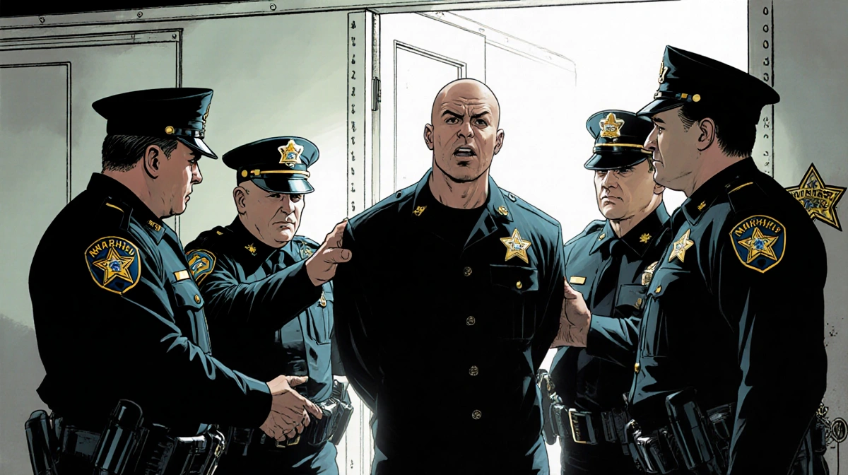 U.S. Marshals serving warrant on Timothy Busfield with hair and makeup trailer in background