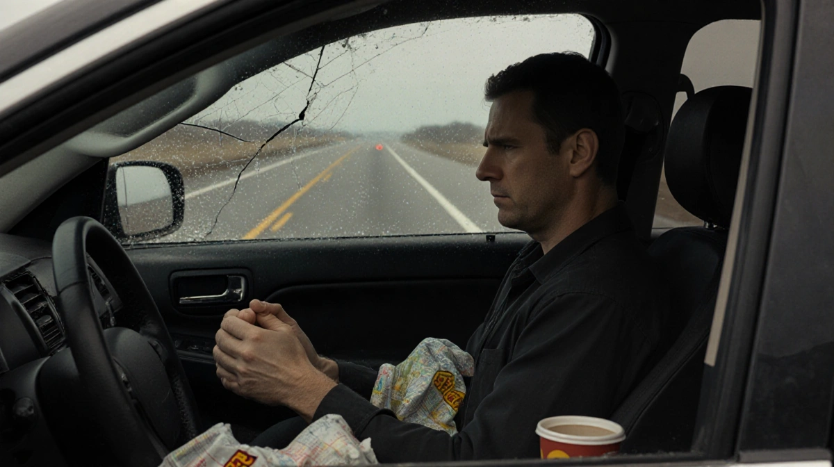 Timothy Busfield sits exhausted in worn driver