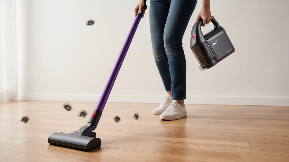 Pet owner cleaning hardwood floor with handheld vacuum and visible stray pet hair