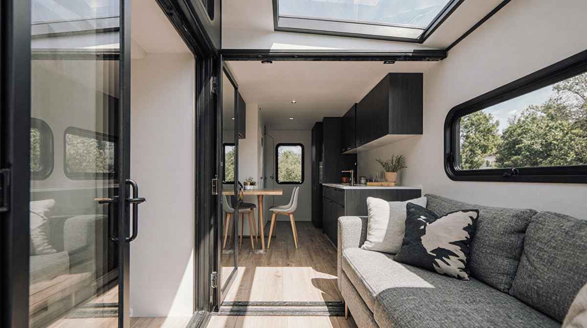 Tiny home revealing spacious interior with sofa and floor-to-ceiling window with natural light from skylight
