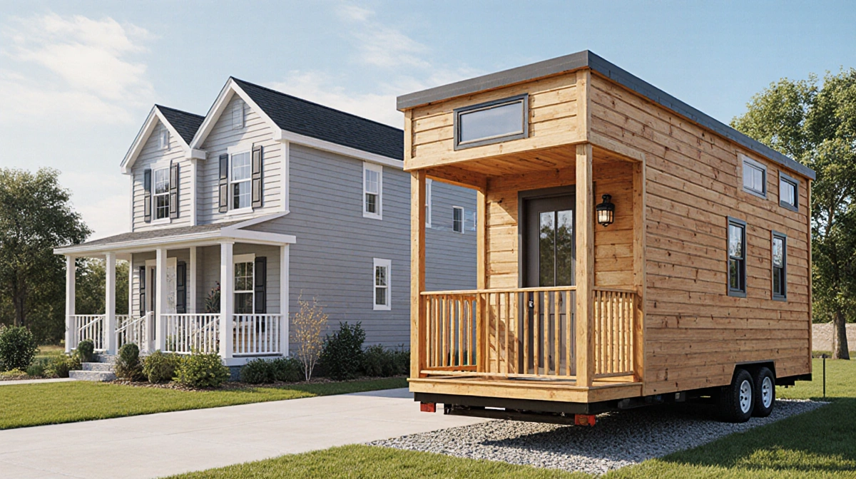 Traditional home with $400000 price tag stands beside tiny home with $8100 tag showing modern design with wraparound porch