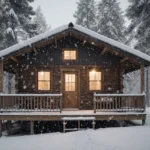 Rustic tiny home glows warmly with wraparound porch and snow-covered trees framing the cozy winter cabin