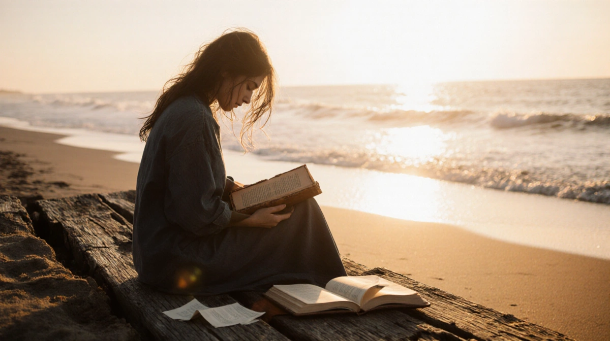 Tish Cyrus sits alone on wooden beach at sunrise with leather book in hands and journal pages scattered beside her