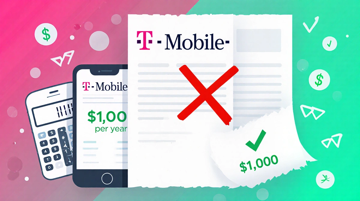Large wireless bill marked with red X shows T-Mobile savings with green checkmark and dollar signs