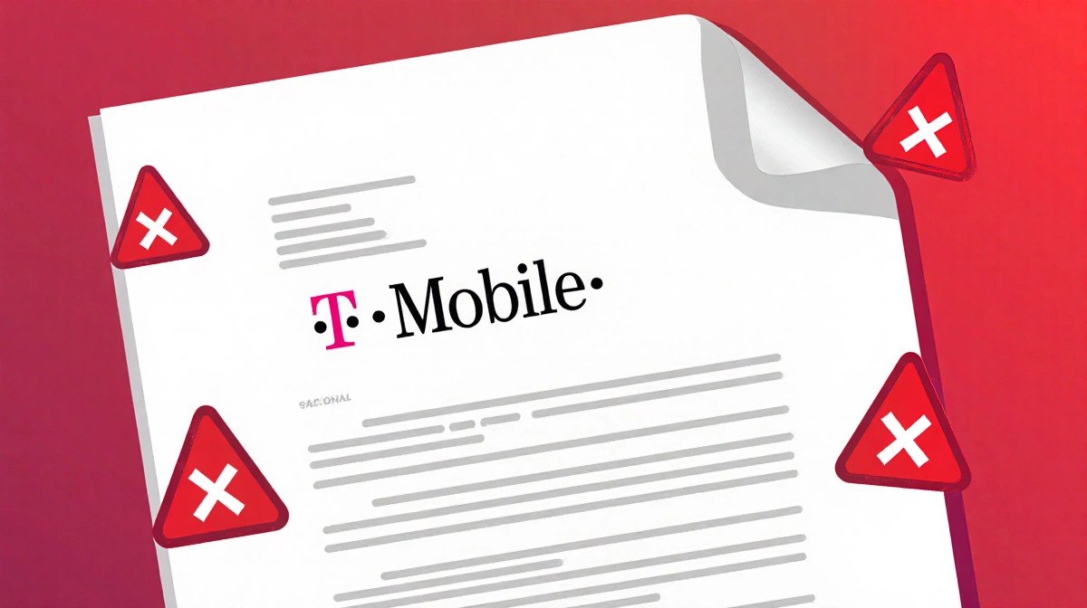 T-Mobile plan with red warning signs and contract background showing hidden restrictions