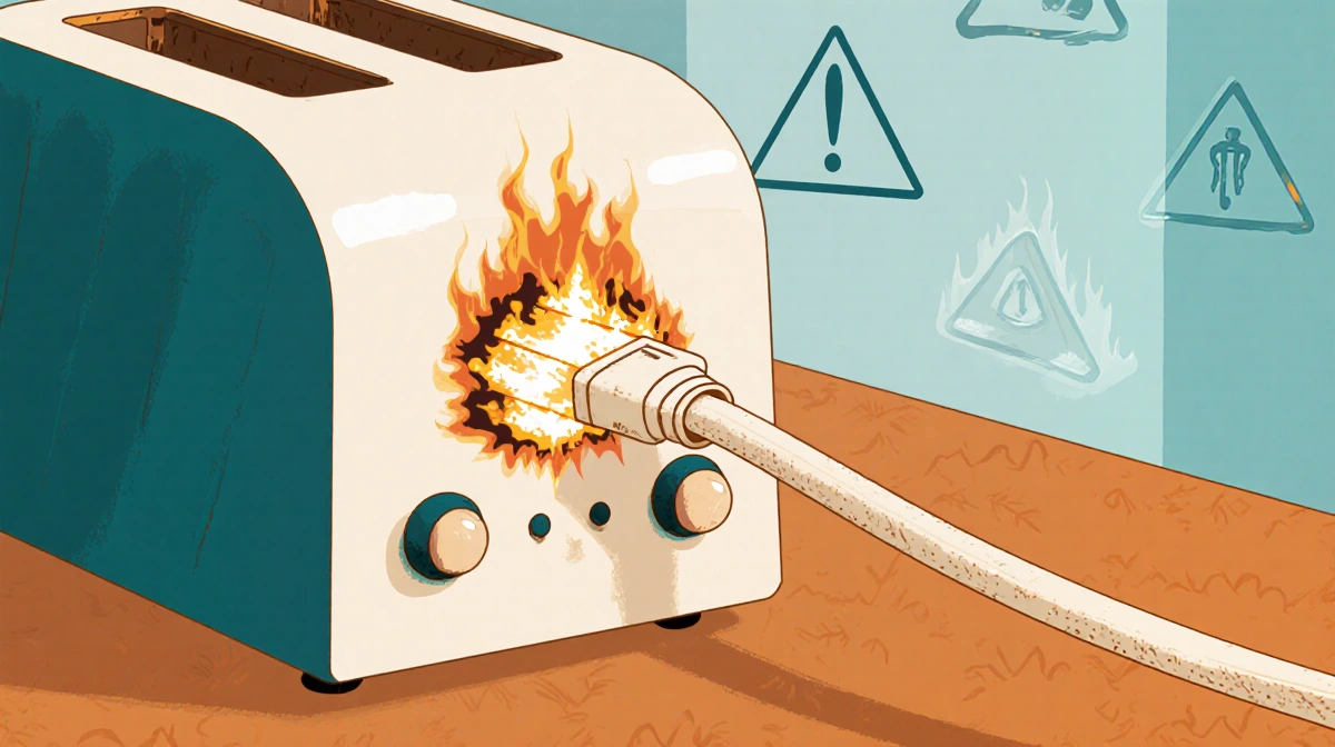 Toaster overheating with frayed extension cord sparking and fire safety symbols on wall