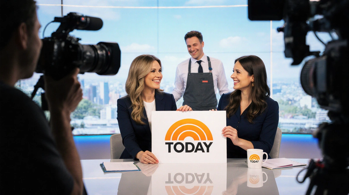 Support staff holding Today sign with Jenna and Sheinelle smiling at studio desk