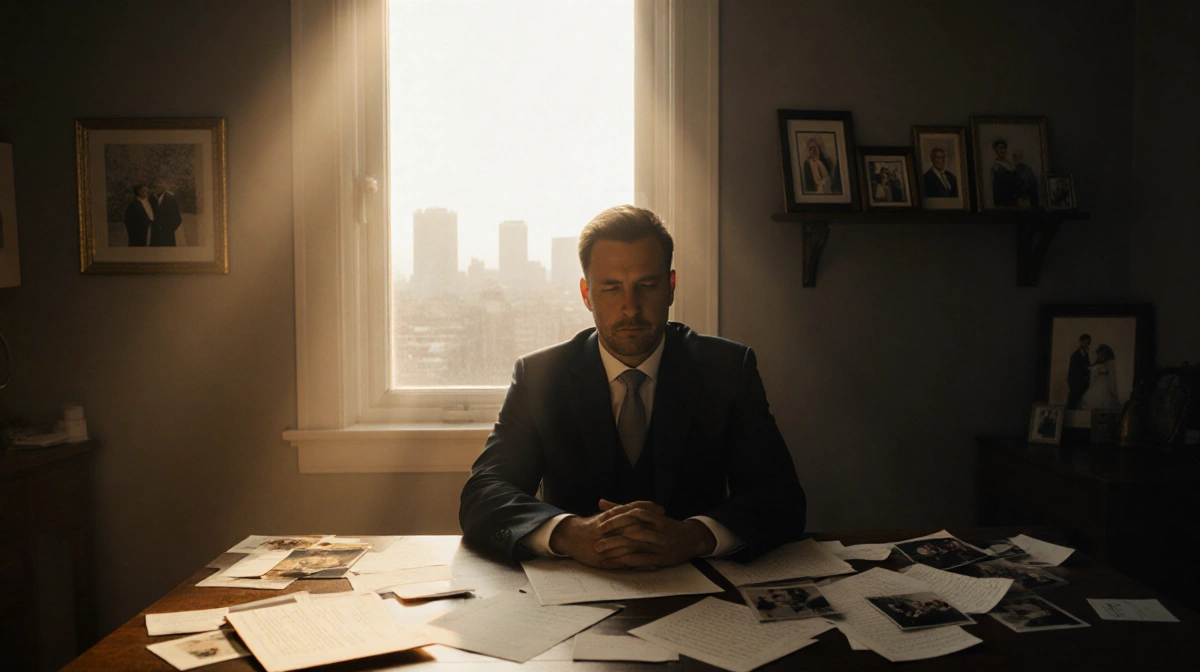 Todd Bridges sits alone at desk with scattered wedding vows and photographs showing memories of marriage