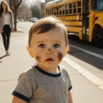 Toddler stands alone on sidewalk with smudged cheek and worried parents near departing school bus