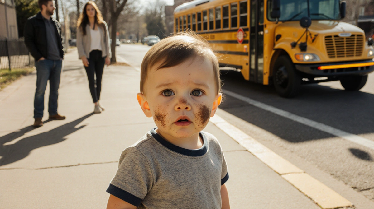 Toddler stands alone on sidewalk with smudged cheek and worried parents near departing school bus