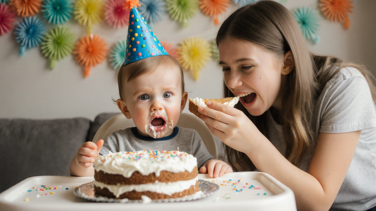 Madison leans in to help toddler Riley taste birthday cake with party decorations nearby