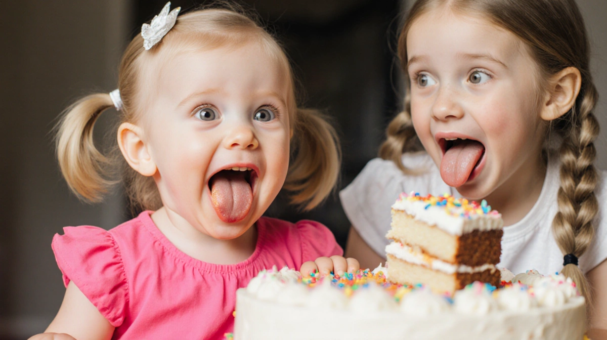 Toddler girl tasting birthday cake with wide eyes and pink dress while sister looks on with tongue out