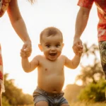 Toddler taking first steps with parents