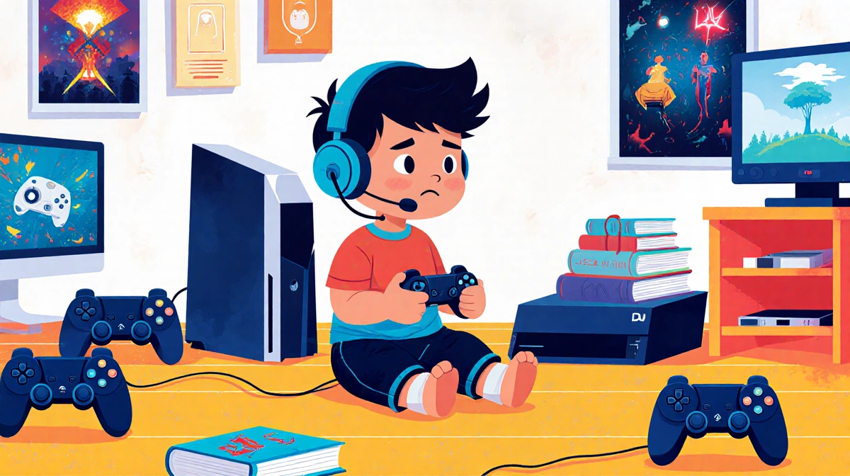 Young boy gaming with controller and headset surrounded by colorful consoles and posters