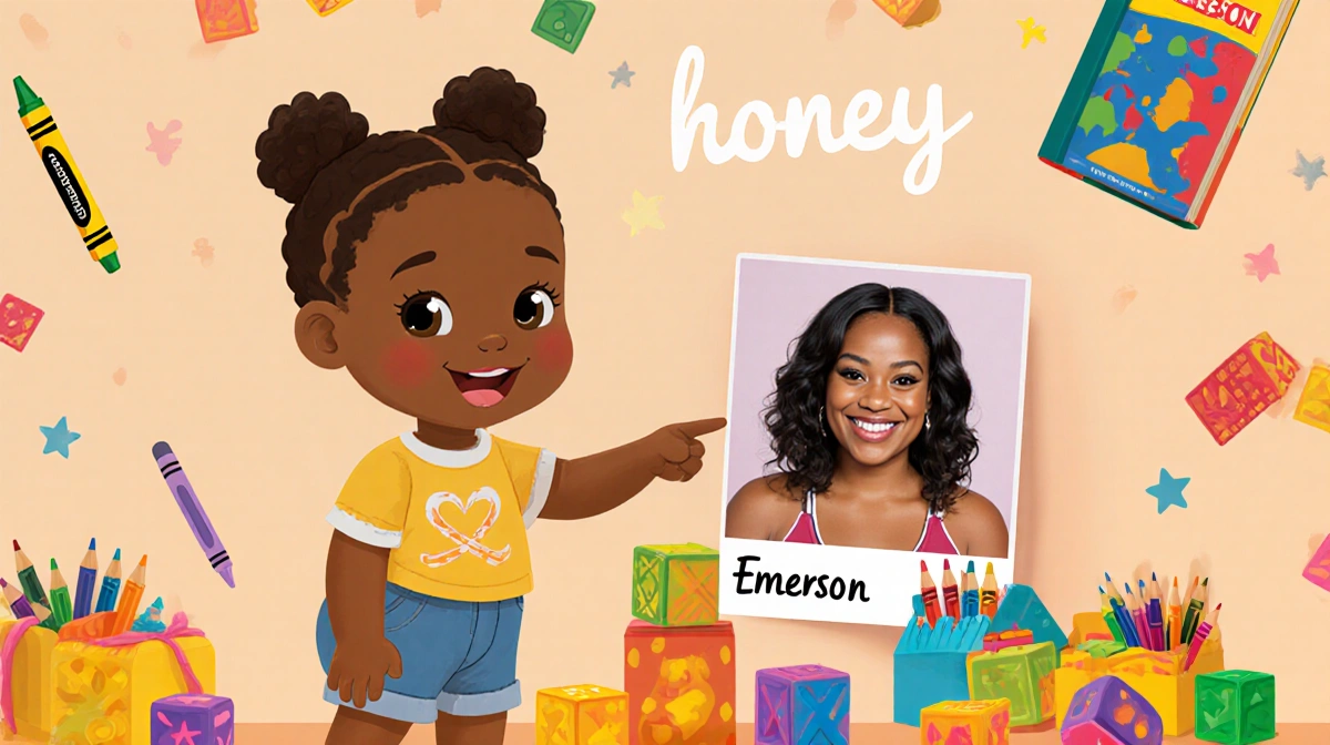 Toddler girl pointing to photo with honey caption while playing with colorful toys and art supplies