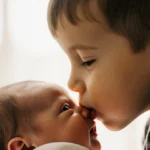 Toddler kissing newborn baby sister with soft window light creating warm family moment