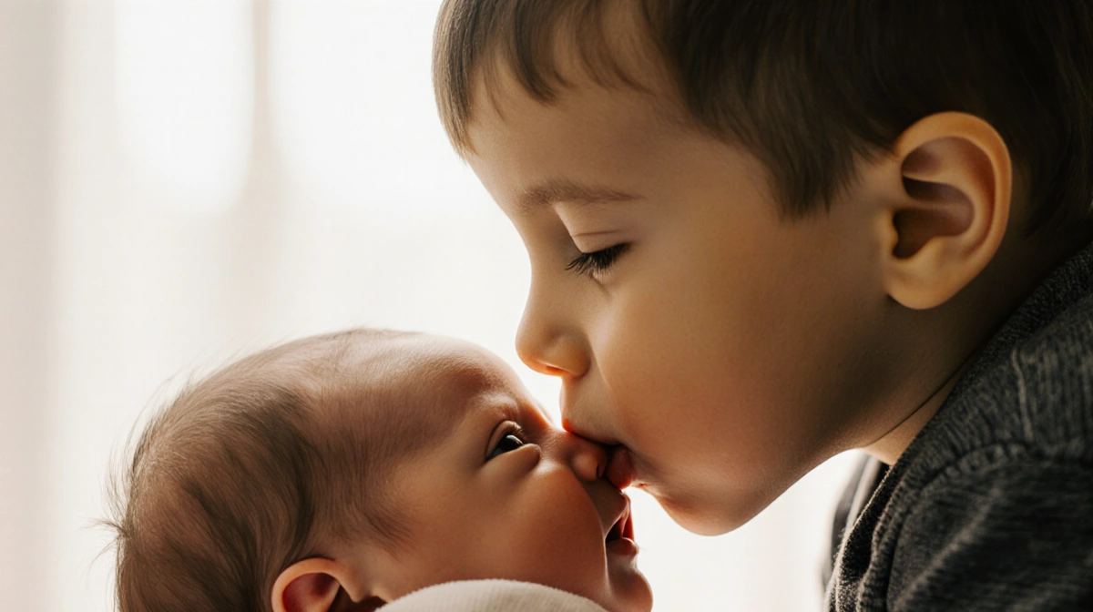 Toddler kissing newborn baby sister with soft window light creating warm family moment
