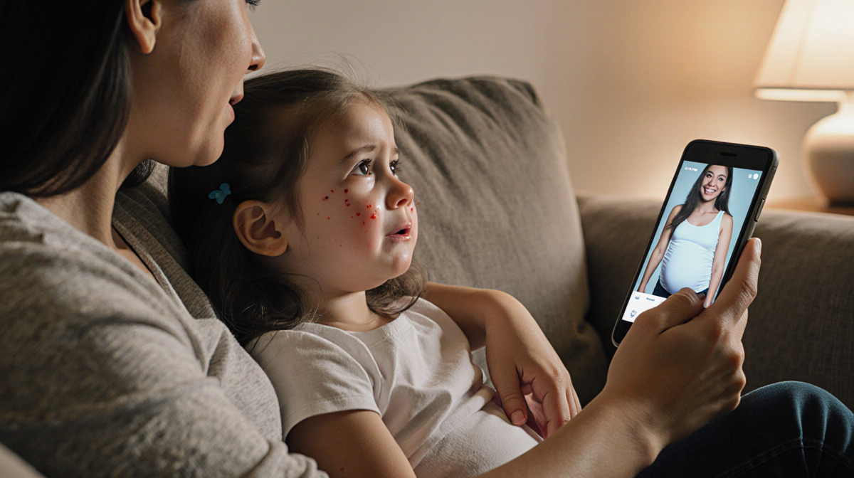 Three-year-old girl looking up at mother with tears while mother gently places hand on shoulder on couch phone pregnancy