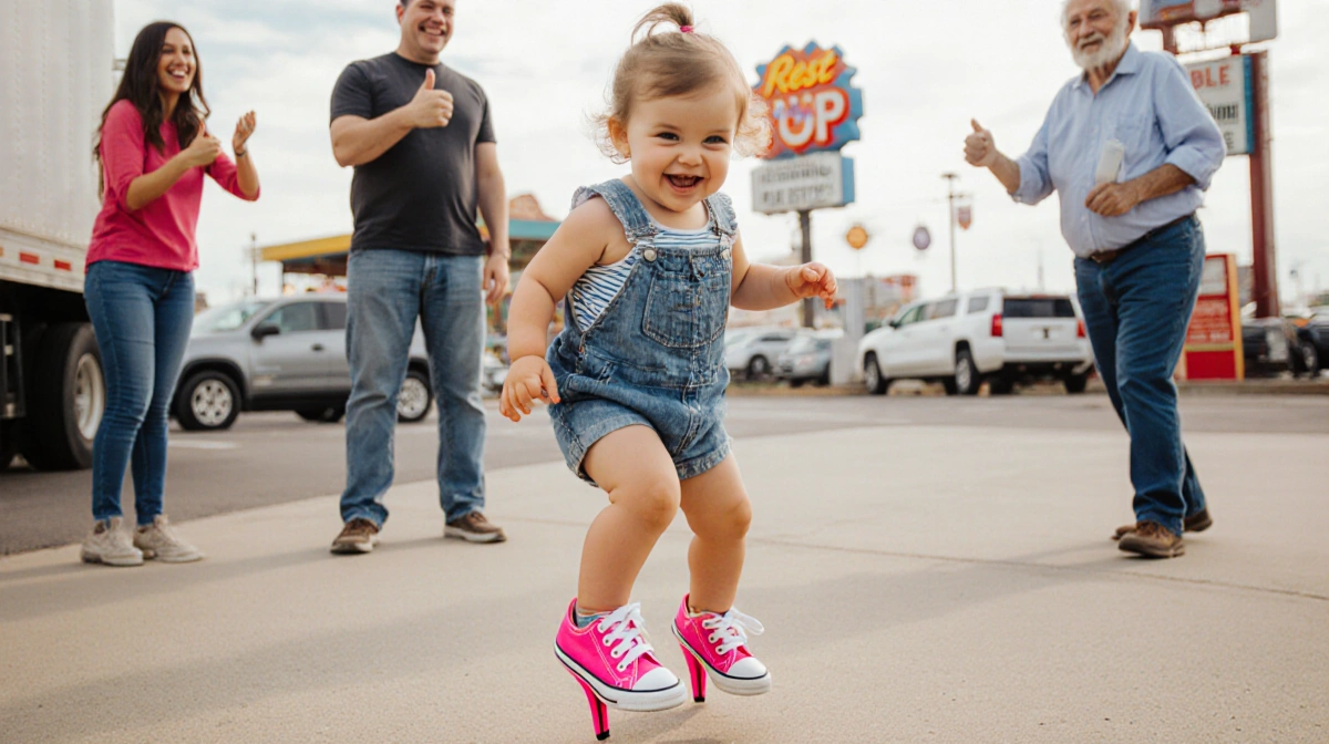 Toddler strutting in bright pink stilettos with sneakers underneath and smiling onlookers at rest stop
