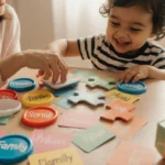 Mother helping toddler place colorful name cards into wipe-lid puzzle with warm lighting and playful pieces