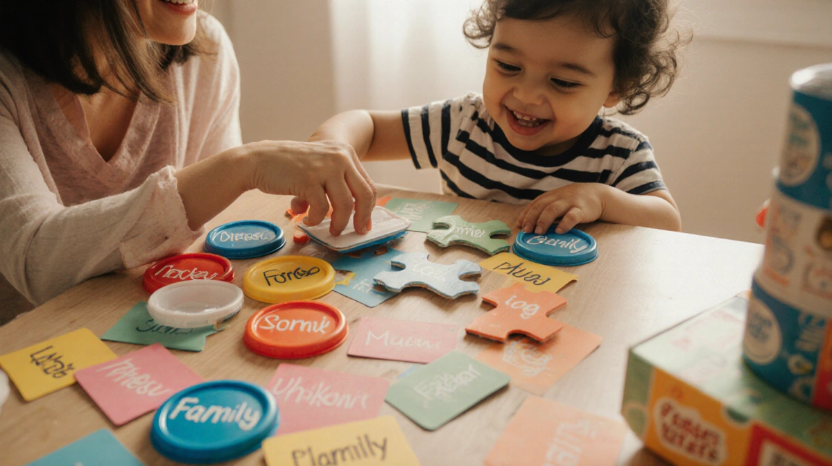 Mother helping toddler place colorful name cards into wipe-lid puzzle with warm lighting and playful pieces