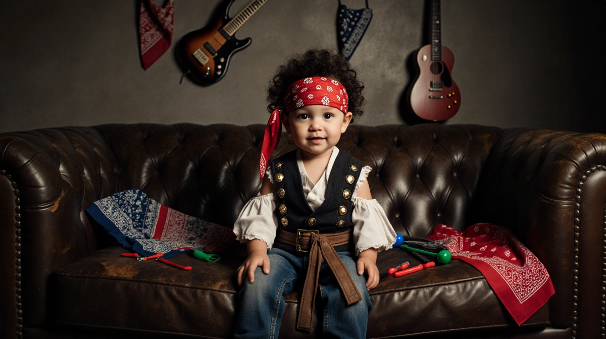 Toddler boy sits on leather couch with mohawk and bandana showing rock star style