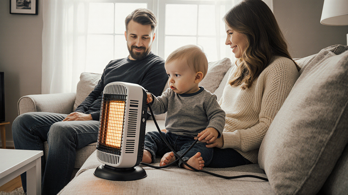 Toddler holding space heater cord with adult supervisor nearby highlighting electrical safety.