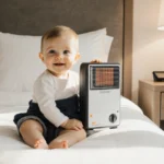 Toddler sitting on bed edge hugging miniature space heater named Jeff with big smile
