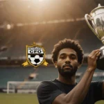 Toheeb Jimoh holds silver trophy aloft with Richmond FC crest behind him and golden light on his face
