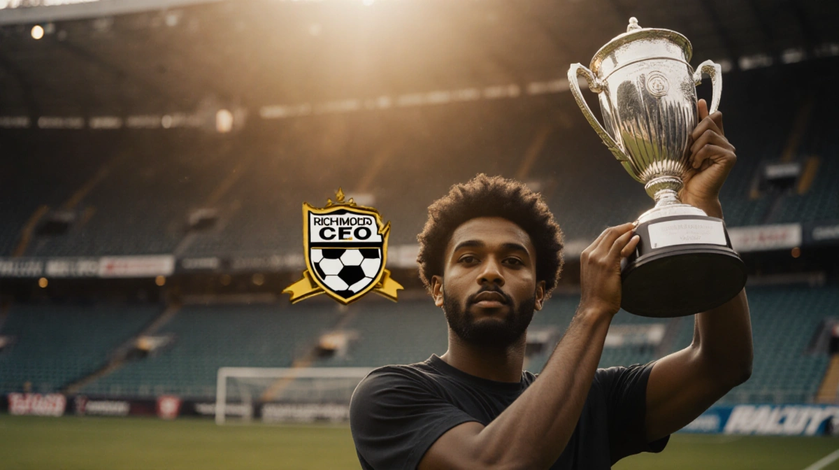 Toheeb Jimoh holds silver trophy aloft with Richmond FC crest behind him and golden light on his face