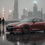 Cherry-red Nissan GT‑R shines with neon-lit skyscrapers in misty Tokyo morning and pedestrians walking below