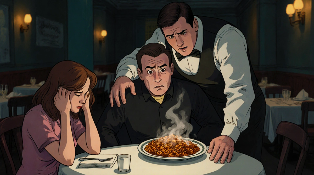 Tom Blyth sitting pale and panicked at restaurant table with distressed date and concerned waiter leaning over him