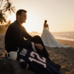 Tom Brady sits alone on beach at sunset with his NFL jersey draped over rock and wedding dress visible in distance