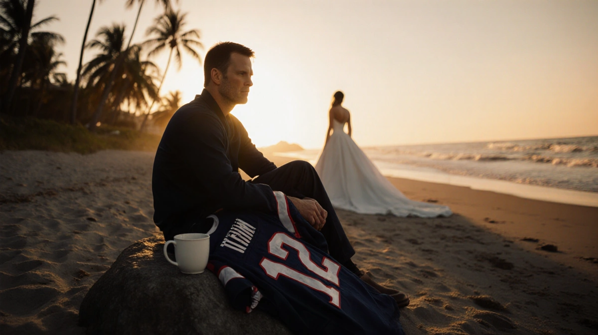 Tom Brady sits alone on beach at sunset with his NFL jersey draped over rock and wedding dress visible in distance