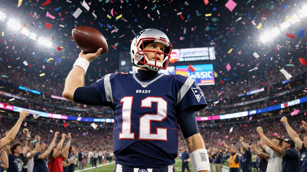 Tom Brady holds a worn football with his Patriots jersey gleaming under stadium lights and fans cheering behind him