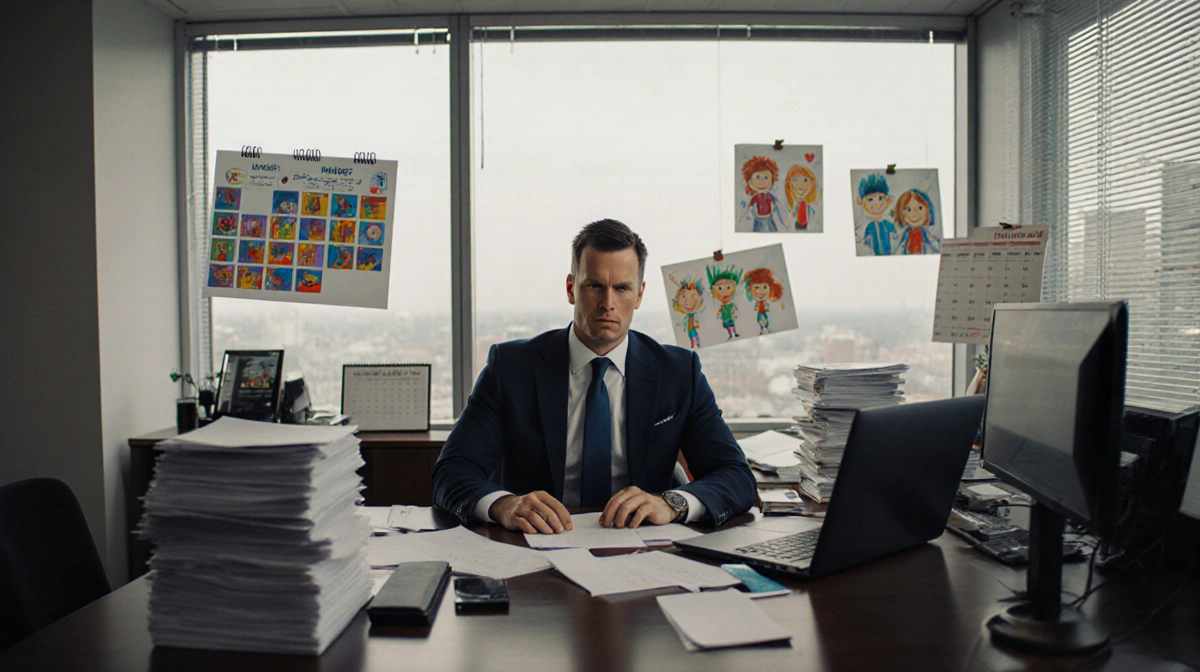 Tom Brady working at cluttered office desk with children's artwork on windows and family calendar showing work life balance