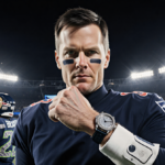 Tom Brady flexing arm with diamond Patek Philippe watch illuminated by stadium lights near blurred Seahawks and Rams players.