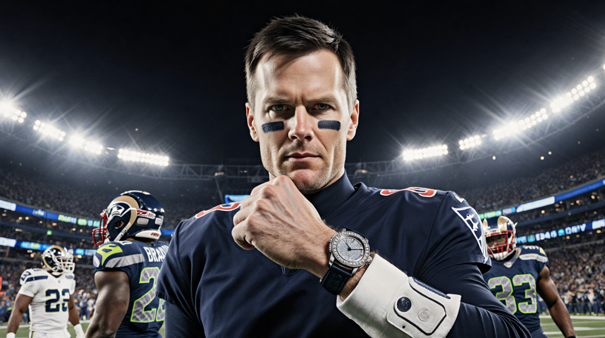 Tom Brady flexing arm with diamond Patek Philippe watch illuminated by stadium lights near blurred Seahawks and Rams players.