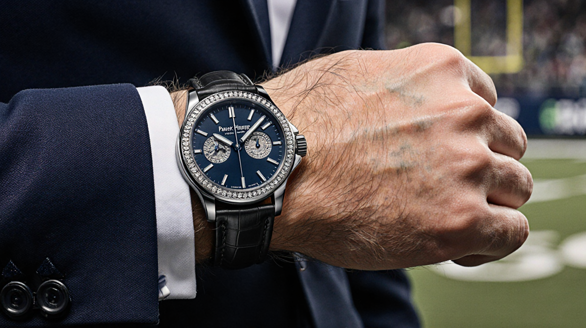 Tom Brady wearing Patek Philippe Aquanaut watch with diamond-encrusted bezel sleek black case near blurred stadium backdrop