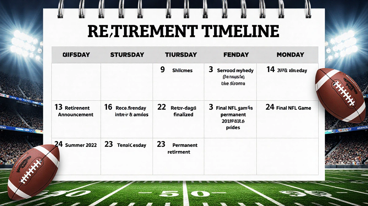 Tom Brady retirement timeline calendar shows key dates with football and stadium background