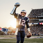 Tom Brady stands atop Gillette Stadium with Super Bowl trophy and football and Patriots logo and sunset glow behind him